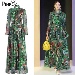 Estilo designer estilo elegante vestido primavera outono mulheres manga longa floral-impressão boho maxi es 210421