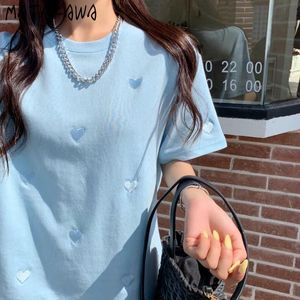 Matakawa Love Haft Kobieta Koszulki Czysta Bawełna Koszulka z krótkim rękawem Damska Lato Okrągły Neck Tshirt Luźne Koreańskie Topy 210513