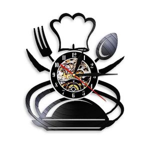Cooking Cutlery Vinyl Record Wall Clock Chef Cap Vintage Kitchen Room Restaurant Catering Services Decor Wall Art Clocks Watch X0726