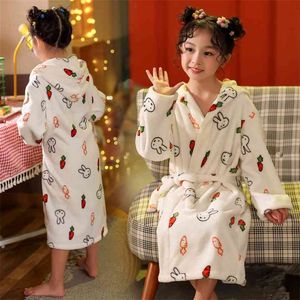 Mode Flanell Roben für Kinder Winter Mädchen und Jungen Warme Bademäntel Cartoon Kaninchen Mit Kapuze Nithtgowns Teen Fleece Nachtwäsche 210622