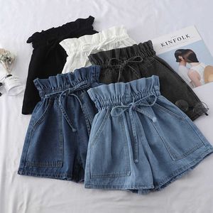 Lato Wysoka talia Denim Spodenki Kobiet Dorywczo Luźne Damskie Lace-Up Elastyczna Talia Kieszonkowy Blue Biały Czarne Dżinsy Kobieta Plaża 210611