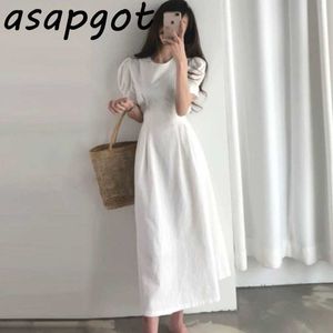 Minimalist Korean Chic Slim Lace Up Waist Solid Plus Size White Puff Sleeve A Line Cotton Linen Dress Women Vestido De Mujer 210610