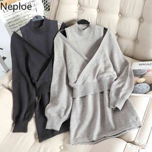 NEPLOE Två bitar för kvinnor Vintage Stickad kostym Bodycon Dress Knitwear Tröja Pullovers Femme Roupas 2 Piece Set 4G493 210422