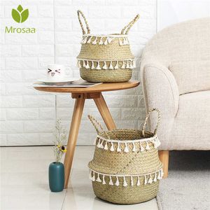 Handmade Bamboo Storage Baskets Seagrass Wicker Garden Flower Pot Laundry Container Toy Holder with White Tassel 210609