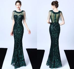 Sparkly Emerald Green Aftonklänningar Sequins Applique Tassel Mermaid Fishtail Prom Reception Gowns Robe Vert éMeraude