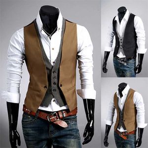 Fake Two Piece Mens Suit Vest Slim Casual Business Gentlemen Men Waistcoat Groomman Wedding Mens Gilet Oversized Steampunk Vests 220114