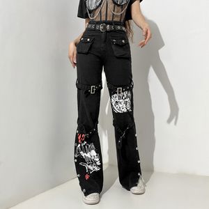 Streetwear 패션 디자인 인쇄 청바지 금속 버클 블랙 데님 바지 느슨한 바지 2022 New