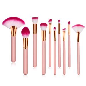 Punho de madeira portátil 4/10 pcs pincéis de maquiagem definido para sombra blush blush highlighter cosméticos ferramentas de beleza acessórios cabelo macio pincel cor rosa linda