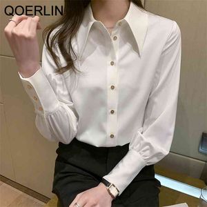Girly Seidenimitat, weißes Hemd mit Textur, eleganter Pendler-Stil, Bluse in Übergröße, Umlegeknopf, Puffärmel-Oberteil 210601