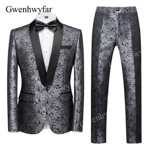 Gwenhwyfar Silver Jacquard Men Suit Slim Fit Wedding Tuxedo Standard Wedding Groom Party Suits Costume Homme Best Man 2 Pieces X0909