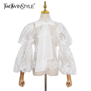 White Patchwork Lace Shirt For Women Bow Collar Lantern Long Sleeve See Through Blouse Female Fashion Clothes 210524