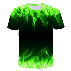 T-tröjor Högkvalitativ mode försäljning pojkar sommar t-shirt med rund hals kortärmad blå grön röd lila flamma 3d tryckt topp