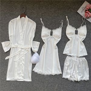 Kvinnor 4 stycken Vit Satin Pajama Set Sexig Lace Sleepwear Fashion Pyjamas Med Bröstkuddar Homewear X0526
