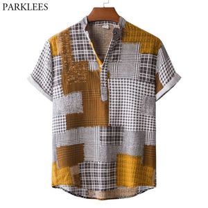 Fashion Henley Neck Hawaiian Shirt Men Summer Short Sleeve Patchwork Beach Tops Holiday Vacation Clothing Chemise Homme 210522