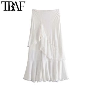 Women Chic Fashion Lace Patchwork Asymmetry Midi Skirt Vintage High Waist Side Zipper Slit Female Skirts Mujer 210507