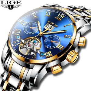 Lige Mens Business Mechanical Watches Mäns Brand Lyx Vattentät Automatisk Titta Män Alla Stål Datum Vecka Klocka + Box 210527