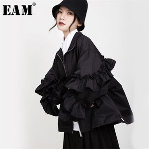 [EAM] Lose Fit Schwarz Rüschen Stich Große Größe Jacke Revers Lange Hülse Frauen Mantel Mode Frühling Herbst 1B894 211014