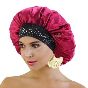 Satin Rhinestone Sleeping Women Hat Bonnet Hårvård Wide Band Night Sleep Cap Salon Makeup Elastic Muslim Hijab Head Cover