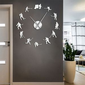 Hanging Sport Art Stickers DIY Large Clock Ice Hockey Players Home Decor Frameless Wall Watch Gift For Man 210325