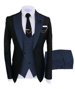 2021 Black Navy Blue Costume Homme 3 Sztuka Slim Fit Fit Wedding Tuxedo One Buttons Peak Lapel Groomsmen Formalne pana młodego Nosić męskie garnitury X0909