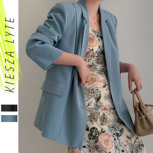 Kadınlar Casual Blazer Katı Mavi Siyah Ince Uzun Kollu Ofis Bayan Takım Elbise Ceket Moda Chic Blazers Feminino Yüksek Kalite 210608