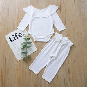 Sevimli Bebek Kız Giyim Setleri Sonbahar Katı Lotus Yaprak Yaka Düğmesi Uzun Kollu Yay Sashes Pantolon 2 Parça Çocuk Giysileri 24 5SC L2