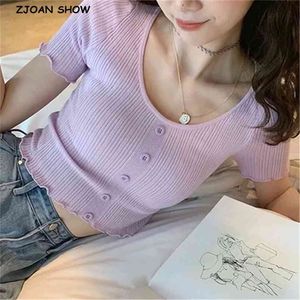 Chic Korea Sexy Wood Ears Knappar O Neck Kortärmad Tee Pullover CropTop Kvinnor Stickad Tight T Shirt Crop Tops Knitwear 210429