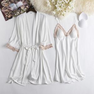 Women's Sleepwear White Lace Sexy Kimono Bathrobe 2PCS Robe Set Spring Summer Homewear Intimate Lingerie Female Novelty Nightwear