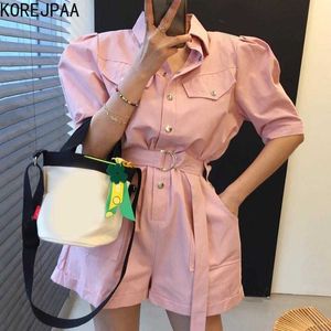 Korejpaa Women Jumpsuit Korea Chic Wild Lapel Metal Single-breasted Loose Ring Belt Multi-pocket Tooling Short Rompers 210526