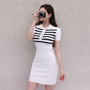 Branco Tricô Senhoras Coreanas Mini Vestido Verão Stripe Sexy Bodycon Party Vestido para Mulheres Roupas 210602