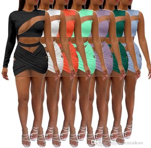 Kadın Örgü Ekleme Bir Omuz Seksi Elbise Kadınlar Uzun Kollu Tee Mini Etek Iki Parçalı Set Moda Lady Kıyafetler S-2XL
