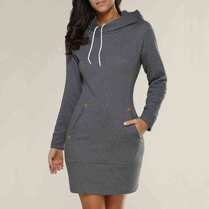 Höst Hoodies Sweatshirt Elegant Långärmad Pocket Sportkläder Kvinnor Lång Hooded Office Lady Solid Färg Slim Party Mini Dress Y1204