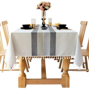 Black and gray cotton linen tablecloths, fabric striped tablecloths with tassels, kitchen table decoration 210626