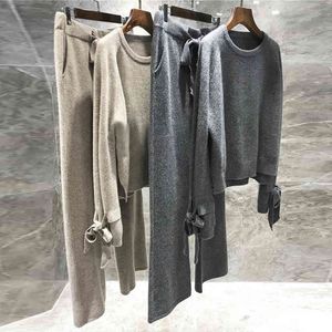 High Quality Wool Knitted 2 Piece Set Cashmere Loose Sweater Pullover Elastic Wiast Pants Suit Women Tracksuit 210429