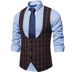 Plaid Mens Waistcoat Formell Business Work Causal Slim Fit Vest för män U-Neck Retro Gentlemen Män Passar Vest Bröllop Gilet 210524