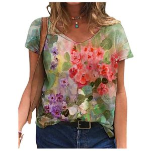 Tie Dye 3D Stampa floreale T-shirt da donna Casual manica corta Allentato Taglie forti Top Fashion Street Ladies V-Neck Summer Tee 210526