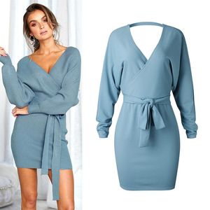 Dorywczo Dresses Moda Dzianiny Jesień Wrap Dla Kobiet Sexy Backless Mini Dress Waistband Lady Office V-Neck Suit Blue Black Streetwear