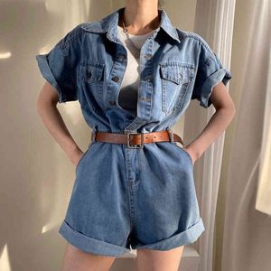 South Korea Chic Cool Wash Blue Playsuit Lapel Single Breasted Short Sleeve Wide Leg Denim Jumpsuit With Belt 8P114 210510