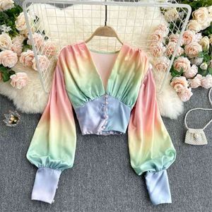 Ins Fashion Rainbow Gradient Color Crop Top Spring Women's Blouse Shirt Deep V-neck Long Puff Sleeve Slim Summer Blusas 210603