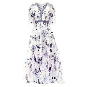 White Chiffon Print Short Sleeve Empire Midi Dress Casual Summer Bohemian National Style Beach Holiday D1521 210514