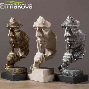 ERMAKOVA Abstract Silence Is Golden Figurine 35cm Resin Hand Face Silent Men Statue Sculpture Home Office Living Room Decoration 210607