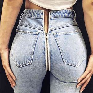 Sexig dragkedja baktill Ljusblå jeans jeans Höst Vinter Kvinnor Hög midja Skinny Pencil Byxa Dam Streetwear Byxor 210720