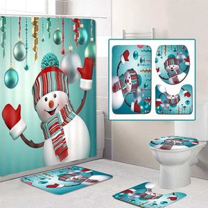 Buon Natale Tenda da doccia Set da bagno Pupazzo di neve Babbo Natale Campana Alce Modello Copriwater impermeabile Tappetino antiscivolo Tappeto