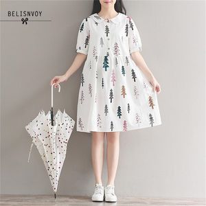 Mori tjej sommar kvinnor bomull klänning peter pan krage träd mönster casual lös kortärmad elegant söt preppy 210520