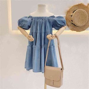 Summer Girls Dress One-Shoulder Puff Sleeve Moda europea e americana Denim Baby Kids Abbigliamento per bambini 210625