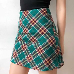 Moda Japonia Styl Plaid Zipper Green A-Line Sexy Womans Koreański Spódnica Mini ubrania Spódnice Kawaii Plus Rozmiar A669 210603