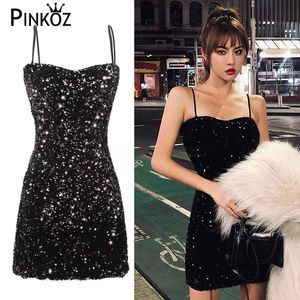 sexy dress mini black sequined bodycon club night spaghetti stap gothic party summer es for women vestidos 210421