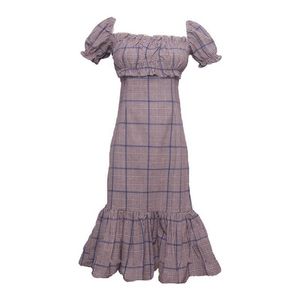 Talvez U Lavender xadrez Slash Pescoço Slow Sleeve Manga Curta Vestido Trompete Mermaid Ruffle Vintage Verão D0531 210529