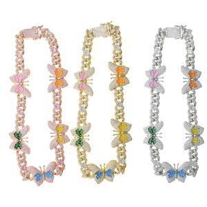 Iced out Multi color Enamel CZ Butterfly Necklace 12mm Iced Out Bling Miami Cuban Chain Butterfly Choker Hip hop Women Jewelry X0509
