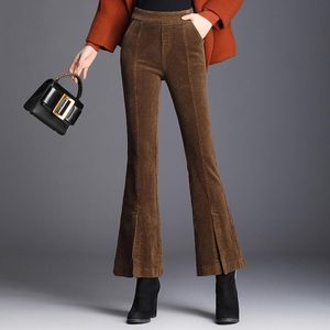 Women's Pants & Capris Corduroy Flared Women Autumn And Winter Elastic High Waist Brown Bell Bottom Lady Large Size Front Fork